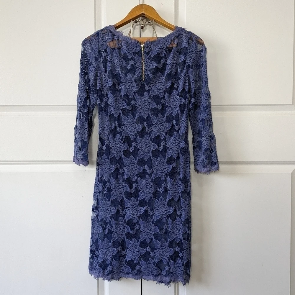 Rebecca Taylor Dress Women's 4 Blue Lace Semi Sheer Long Sleeve Zip Back - Picture 5 of 6